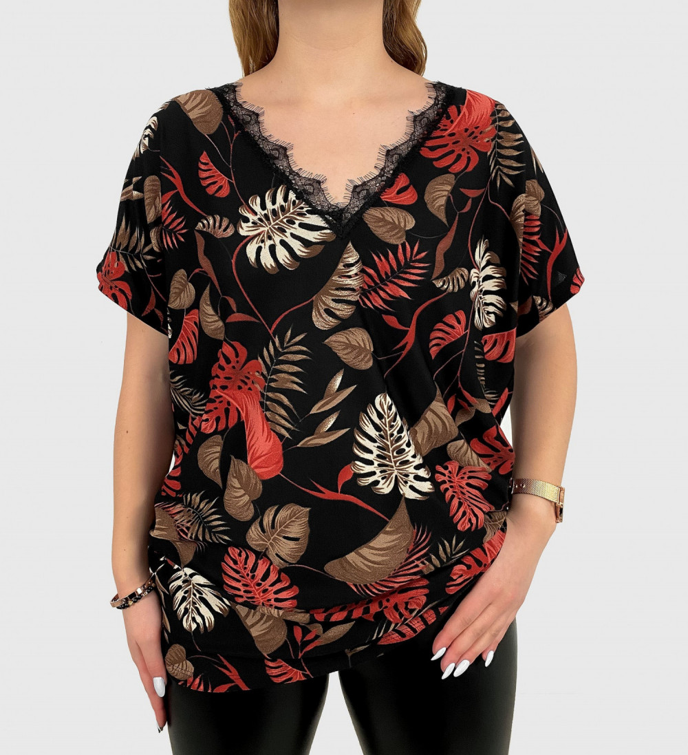 Kobieca bluzka plus size wzór liście monstery red tropical dekolt V