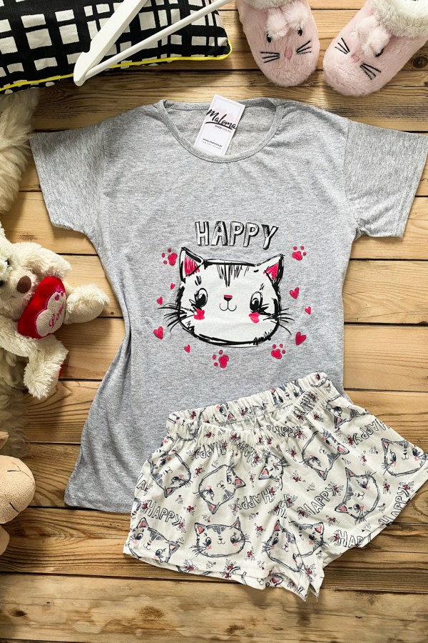 Piżama damska w kolorze szarym komplet t-shirt + krótkie szorty kotek happy