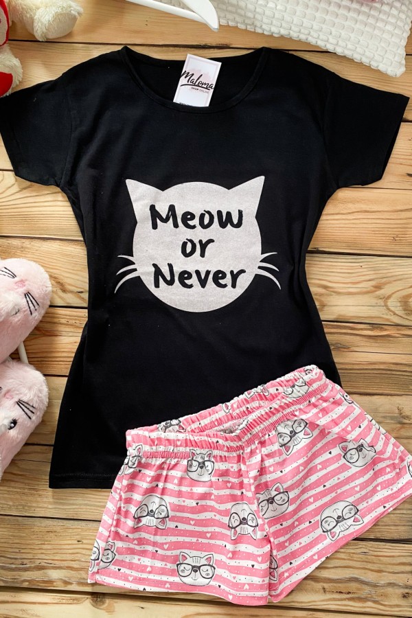 Piżama damska w kolorze czarnym komplet t-shirt + krótkie meow of never