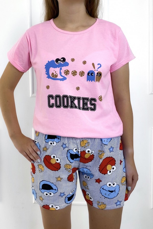 Piżama damska w kolorze różowym bajkowy komplet t-shirt + spodenki ciasteczkowy potwór cookies