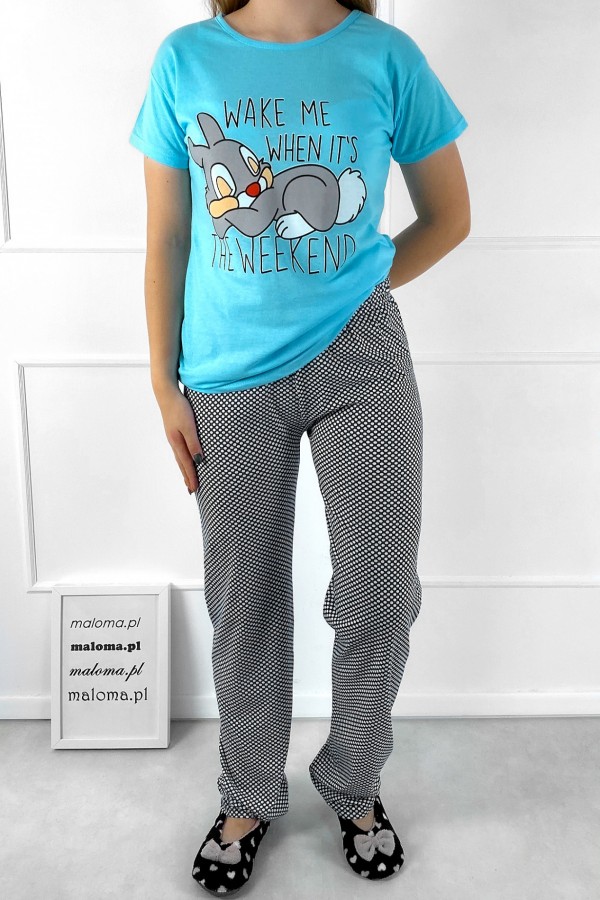 Piżama damska w kolorze niebieskim komplet t-shirt + spodnie króliczek