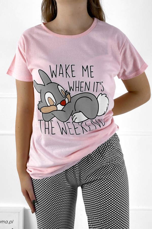 Piżama damska w kolorze pudrowym komplet t-shirt + spodnie króliczek