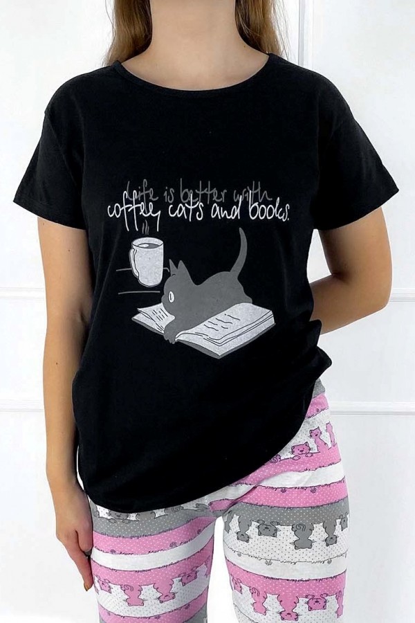Piżama damska w kolorze czarnym komplet t-shirt + spodnie coffee cats
