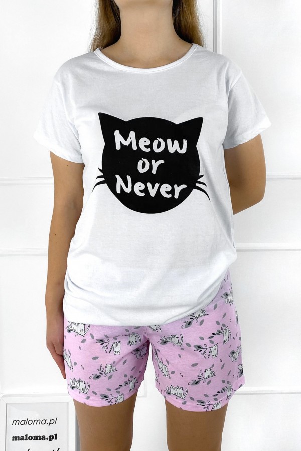 Piżama damska w kolorze białym komplet t-shirt + spodenki meow of never