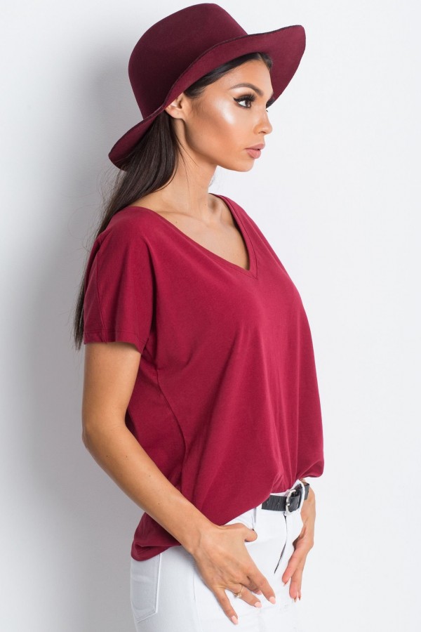 Bluzka damska w kolorze bordowym t-shirt basic dekolt w serek v-neck luna 2