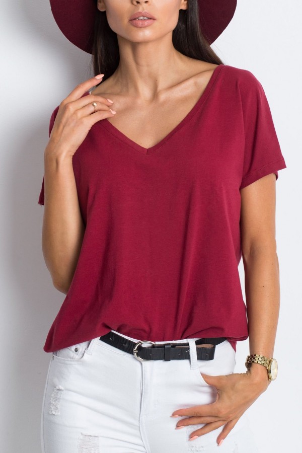 Bluzka damska w kolorze bordowym t-shirt basic dekolt w serek v-neck luna