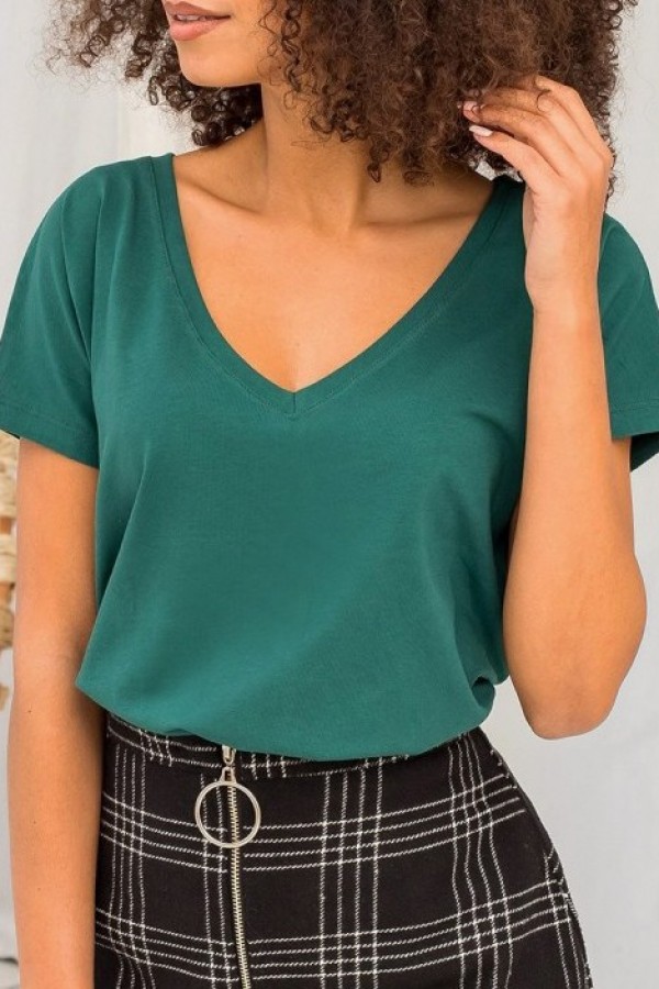 Bluzka damska w kolorze zielonym t-shirt basic dekolt w serek v-neck luna