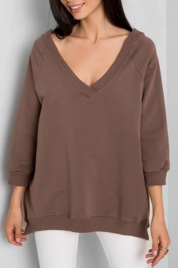 Bluza damska w kolorze brązowym oversize basic rękaw 3/4 dekolt v-neck Marcela