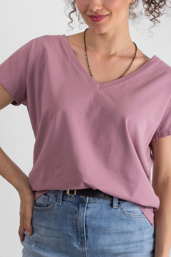 Bluzka damska w kolorze brudnego różu t-shirt basic dekolt w serek v-neck luna