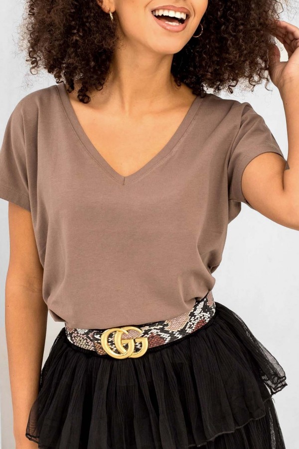 Bluzka damska w kolorze brązowym t-shirt basic dekolt w serek v-neck luna