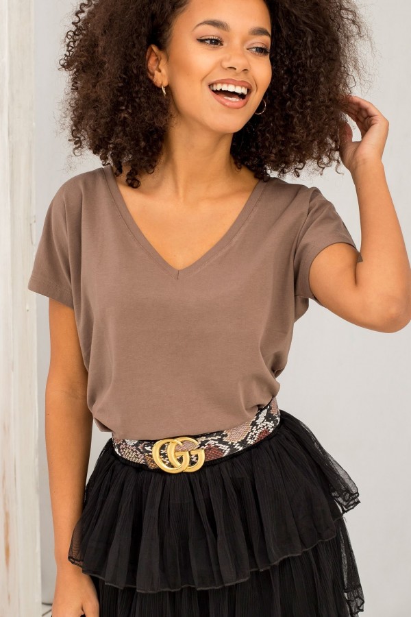 Bluzka damska w kolorze brązowym t-shirt basic dekolt w serek v-neck luna 4