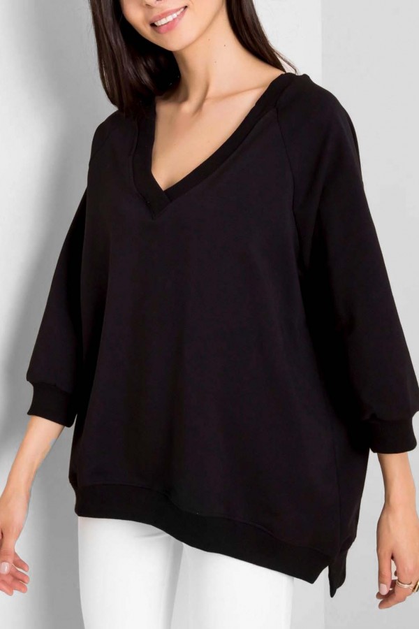 Bluza damska w kolorze czarnym oversize basic rękaw 3/4 dekolt v-neck Marcela