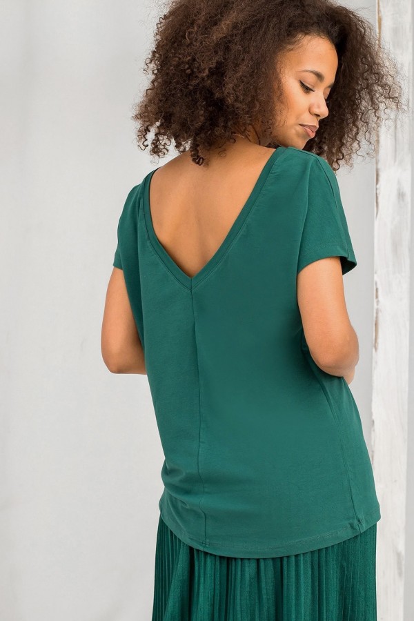 Bluzka damska w kolorze zielonym basic dekolt na plecach w serek v-neck caro 3
