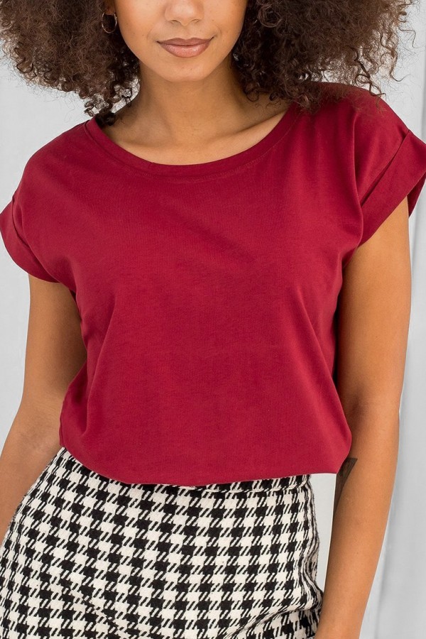 Bluzka damska w kolorze bordowym t-shirt basic podwijany rękaw mila