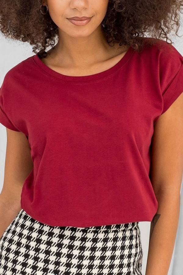 Bluzka damska w kolorze bordowym t-shirt basic podwijany rękaw mila 1