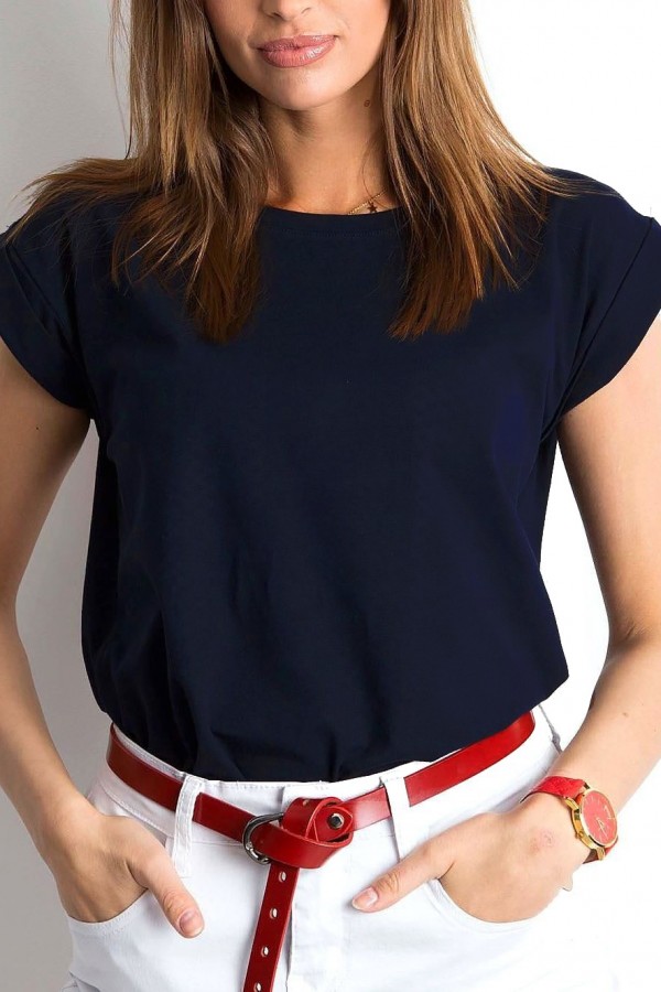 Bluzka damska w kolorze granatowym t-shirt basic podwijany rękaw Mila
