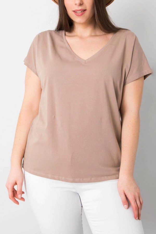 Bluzka damska plus size w kolorze beżowym t-shirt basic dekolt w serek Geet
