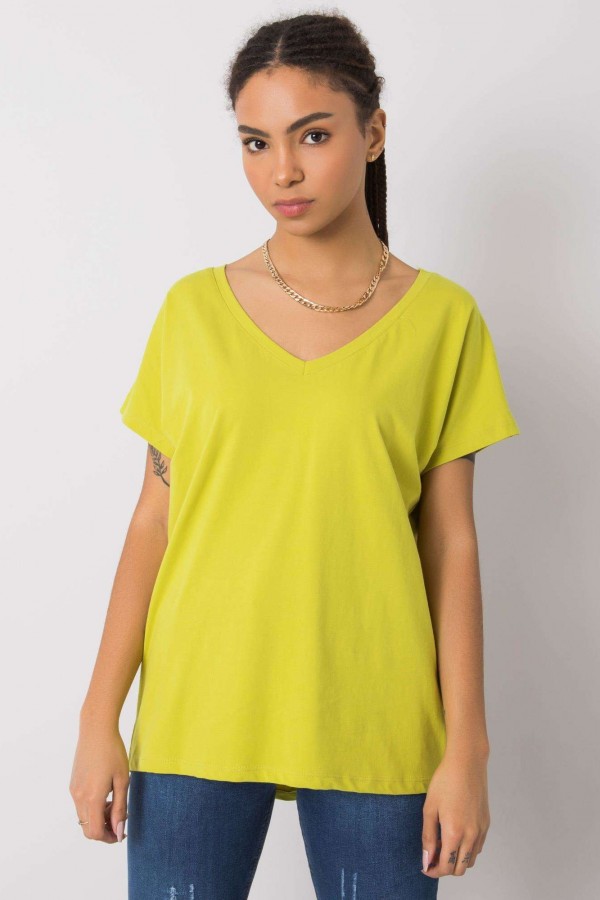 Bluzka damska w kolorze limonkowym t-shirt basic dekolt w serek v-neck luna 1