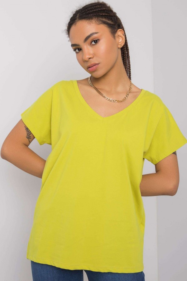 Bluzka damska w kolorze limonkowym t-shirt basic dekolt w serek v-neck luna 4