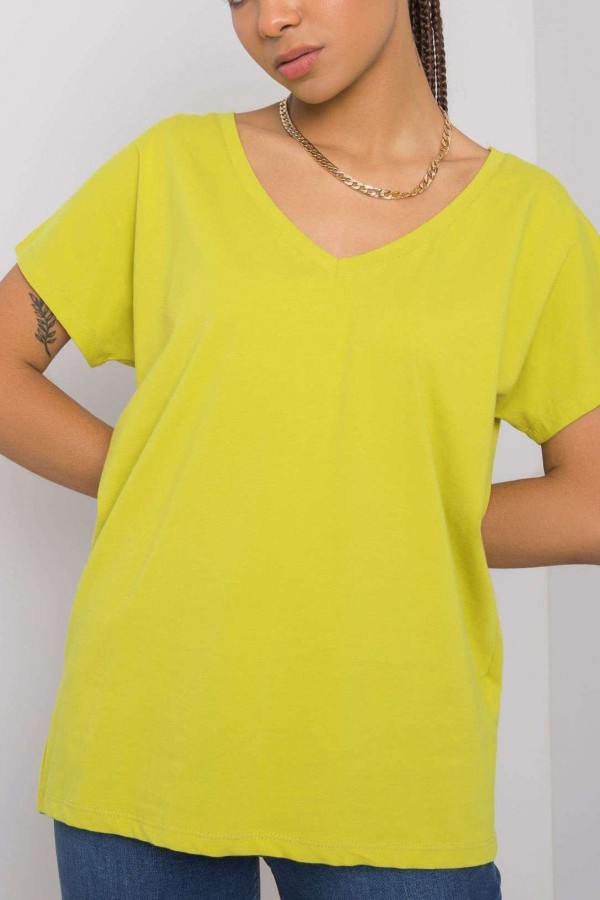 Bluzka damska w kolorze limonkowym t-shirt basic dekolt w serek v-neck luna