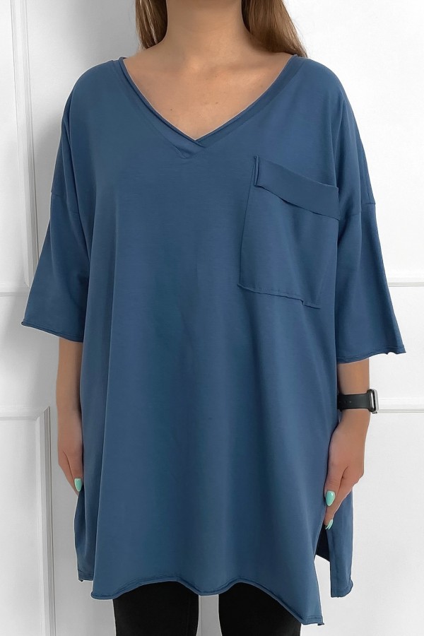 Tunika damska w kolorze denim bluzka oversize v-neck kieszeń Polina 1