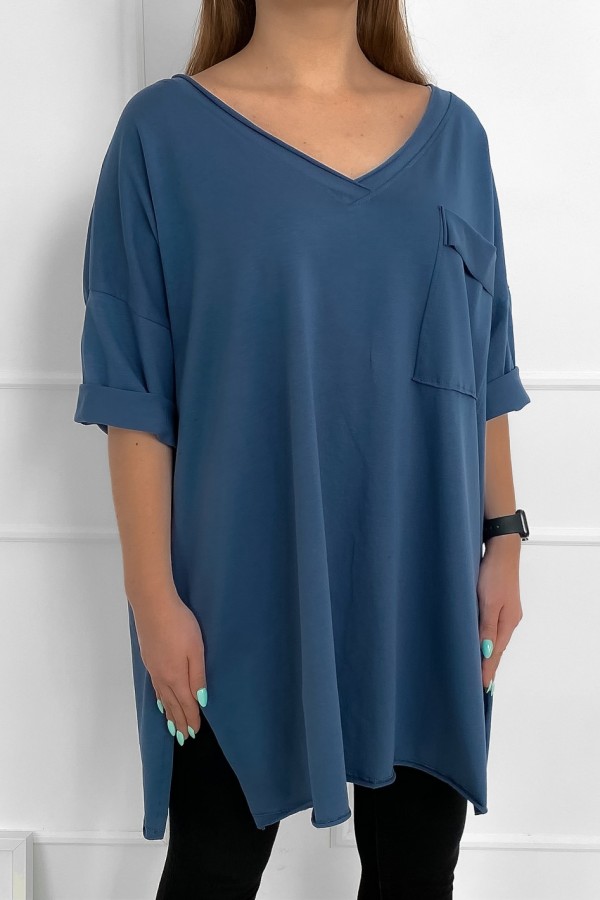 Tunika damska w kolorze denim bluzka oversize v-neck kieszeń Polina 2