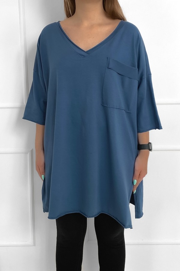 Tunika damska w kolorze denim bluzka oversize v-neck kieszeń Polina 4