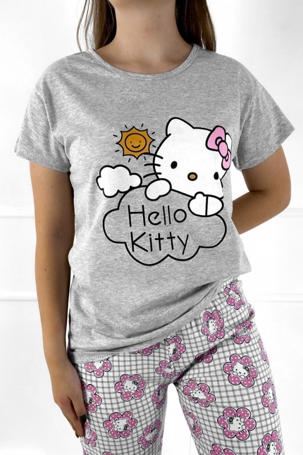 Piżama damska w kolorze szarym bajkowy komplet t-shirt + spodnie hello kitty