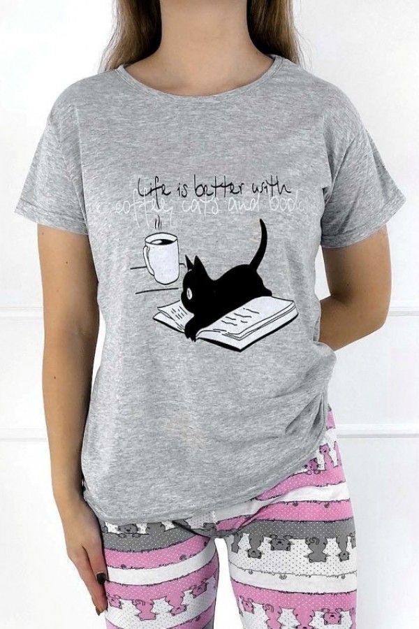 Piżama damska w kolorze szarym komplet t-shirt + spodnie coffee cats