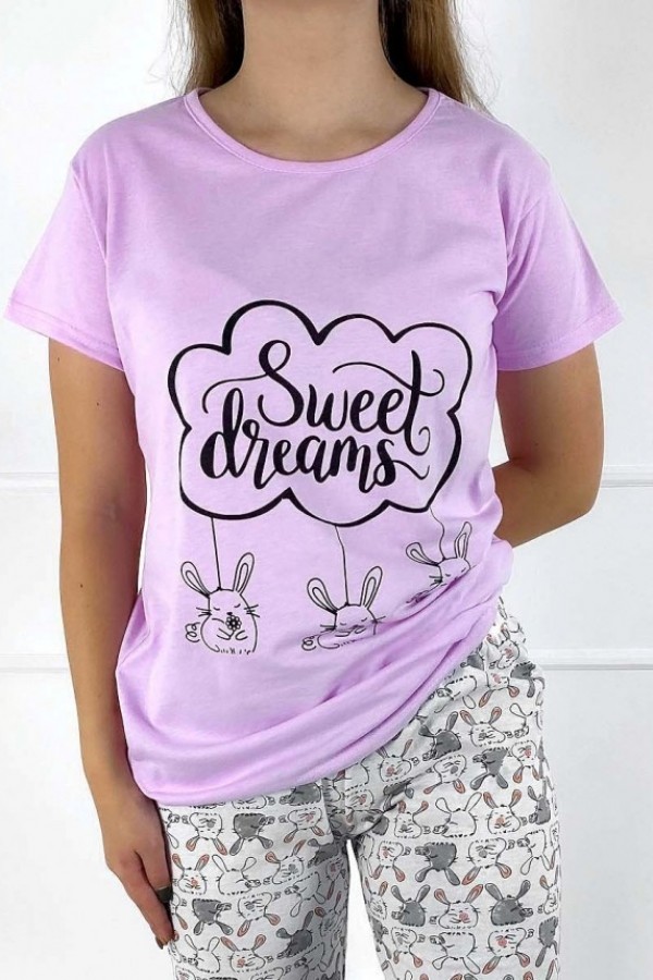 Piżama damska w kolorze lila wrzos komplet t-shirt + spodnie sweet dreams