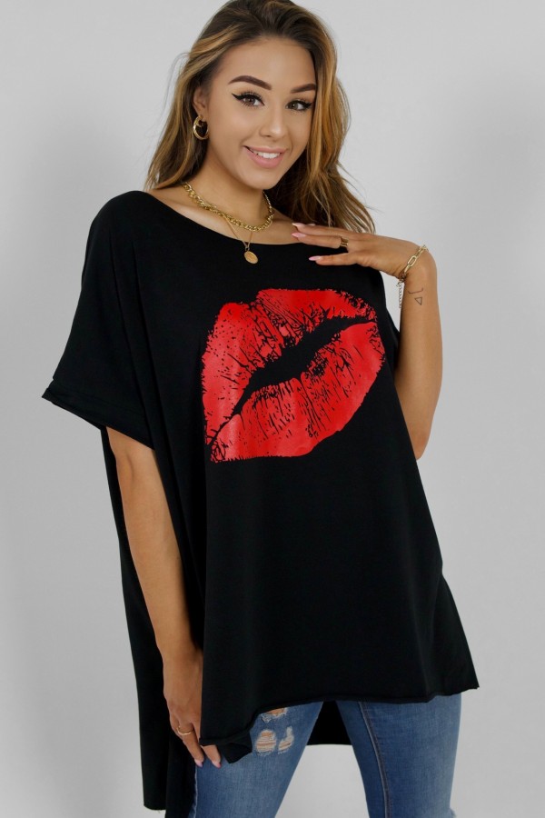 Tunika damska w kolorze czarnym oversize dłuższy tył usta red mouth