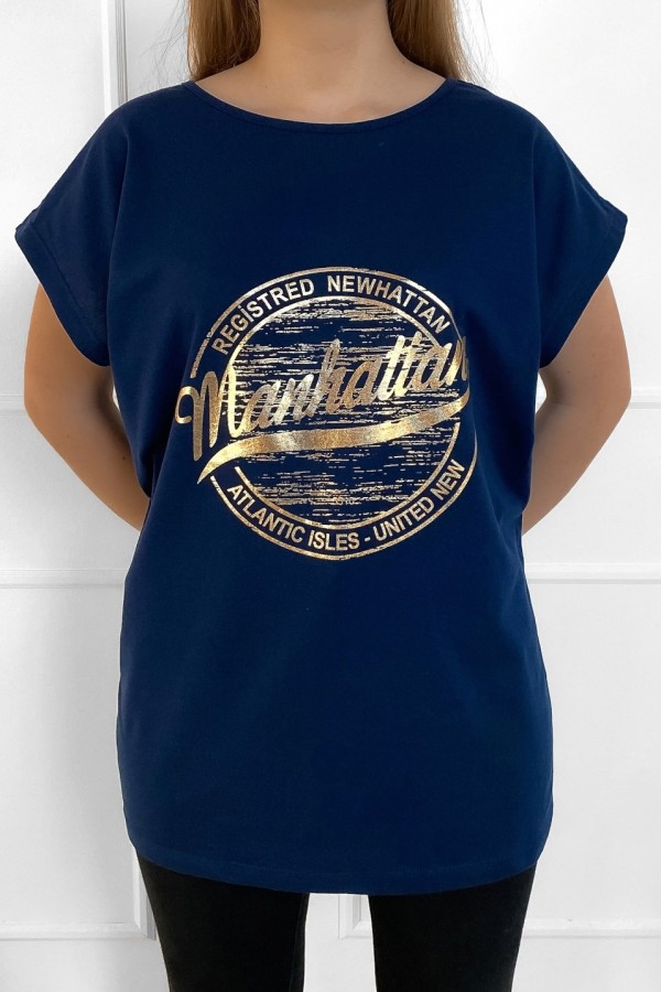 Bluzka damska long t-shirt w kolorze granatowym złoty print manhattan