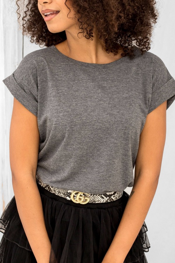 Bluzka damska w kolorze grafitowym t-shirt basic podwijany rękaw mila