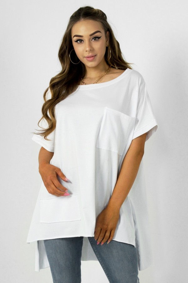 Tunika damska bluzka oversize w kolorze białym dłuższy tył kieszeń Tanisha