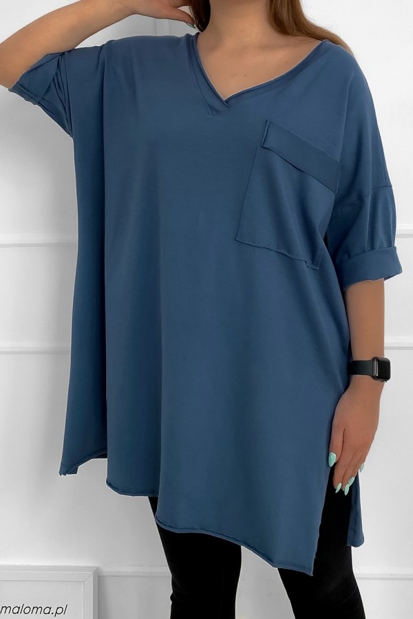 Tunika damska w kolorze denim t-shirt oversize v-neck kieszeń Polina