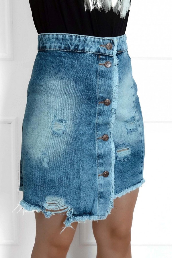 Spódnica jeansowa na guziki z przetarciami dziury