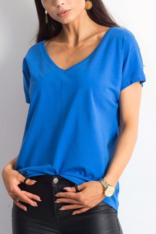 Bluzka damska w kolorze niebieskim t-shirt basic dekolt w serek v-neck luna
