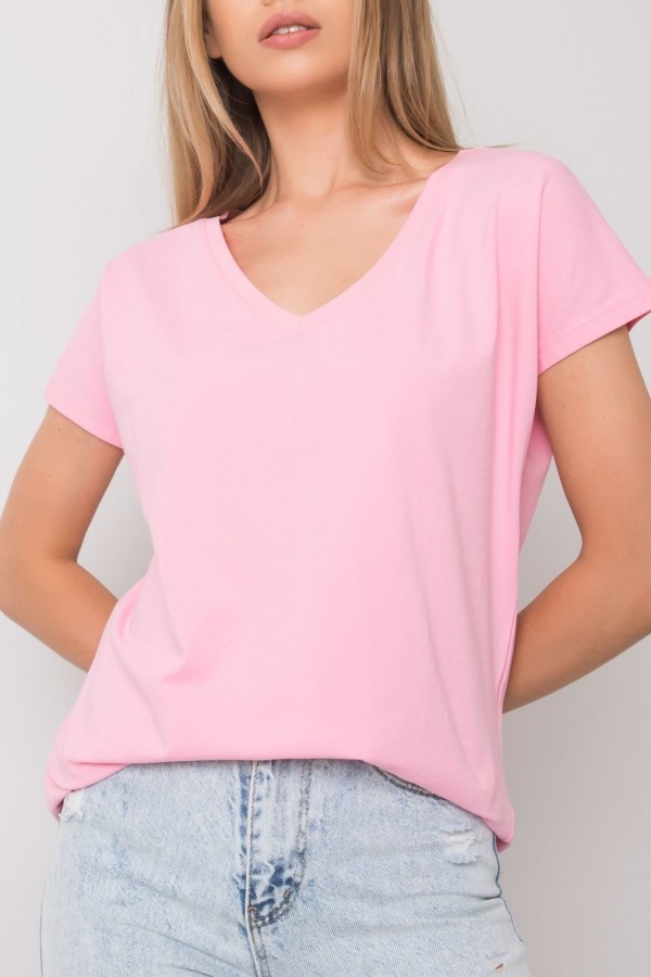 Bluzka damska w kolorze różowym t-shirt basic dekolt w serek v-neck luna