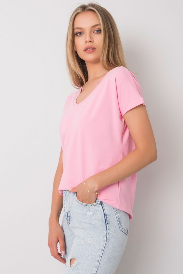 Bluzka damska w kolorze różowym t-shirt basic dekolt w serek v-neck luna 3