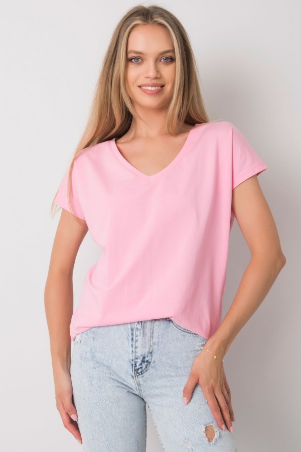 Bluzka damska w kolorze różowym t-shirt basic dekolt w serek v-neck luna 1
