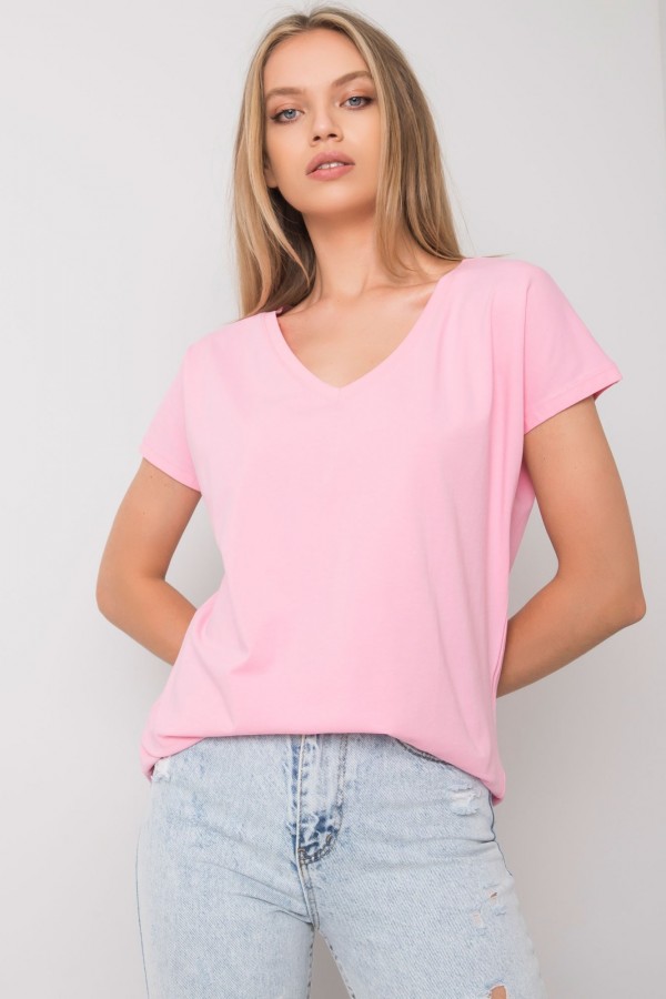 Bluzka damska w kolorze różowym t-shirt basic dekolt w serek v-neck luna 4