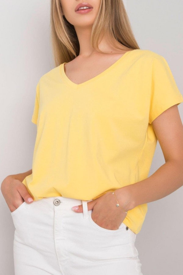 Bluzka damska w kolorze żółtym t-shirt basic dekolt w serek v-neck luna