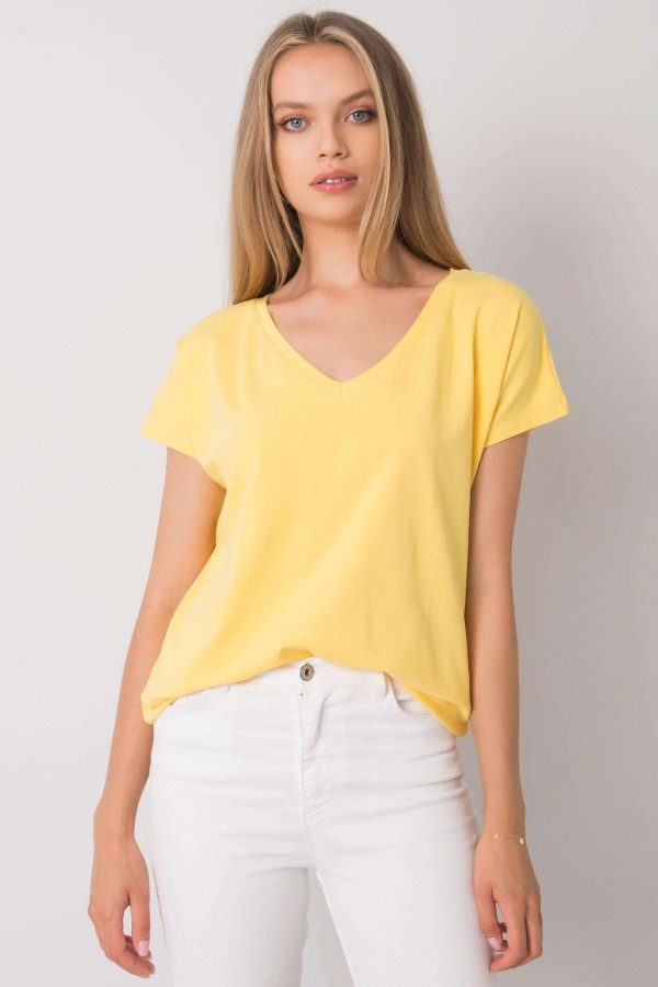Bluzka damska w kolorze żółtym t-shirt basic dekolt w serek v-neck luna 3