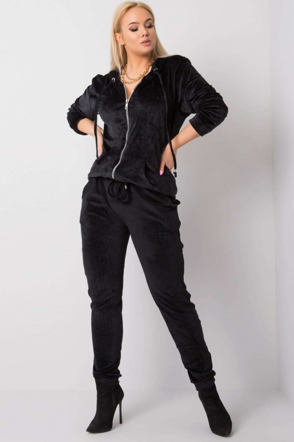 Dres damski plus size welurowy w kolorze czarnym komplet spodnie i bluza ZIP