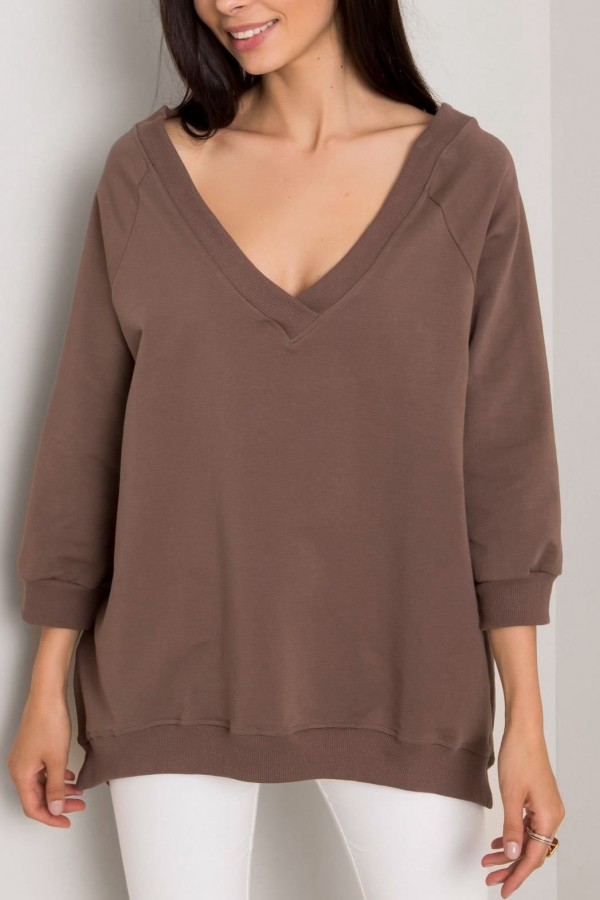 Bluza damska plus size w kolorze brązowym oversize basic v-neck Emma