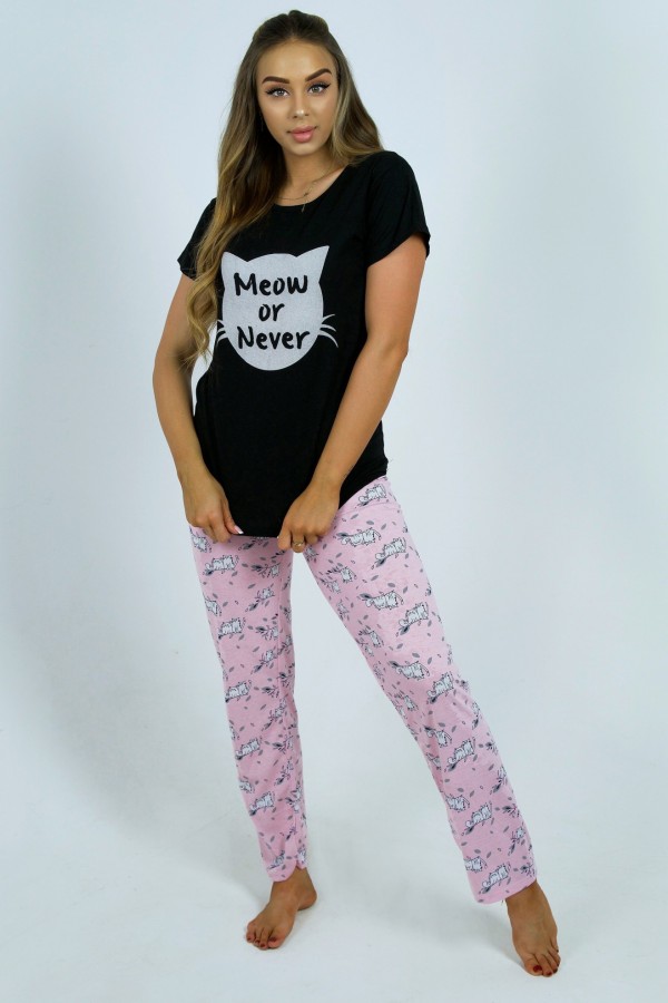 Piżama damska w kolorze czarnym komplet t-shirt + spodnie meow of never