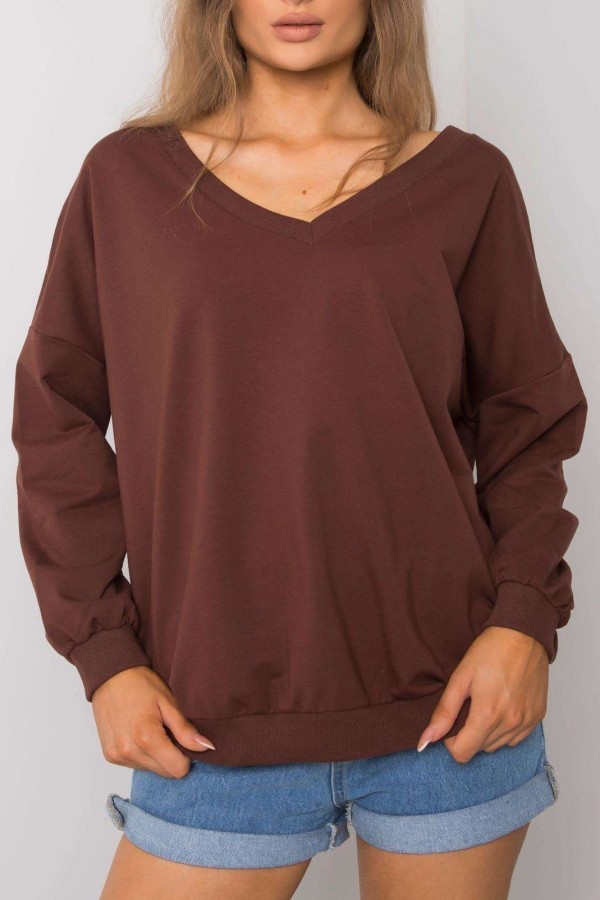 Bluza damska oversize w kolorze czekoladowym basic dekolt plecy w serek v-neck Linda