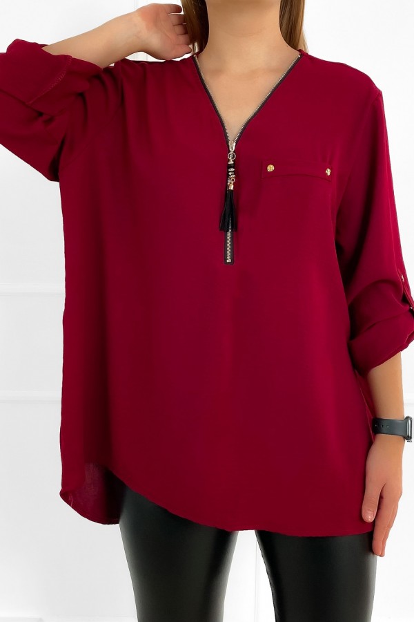 Elegancka bluzka koszula w kolorze bordowym dekolt zamek ZIP secret