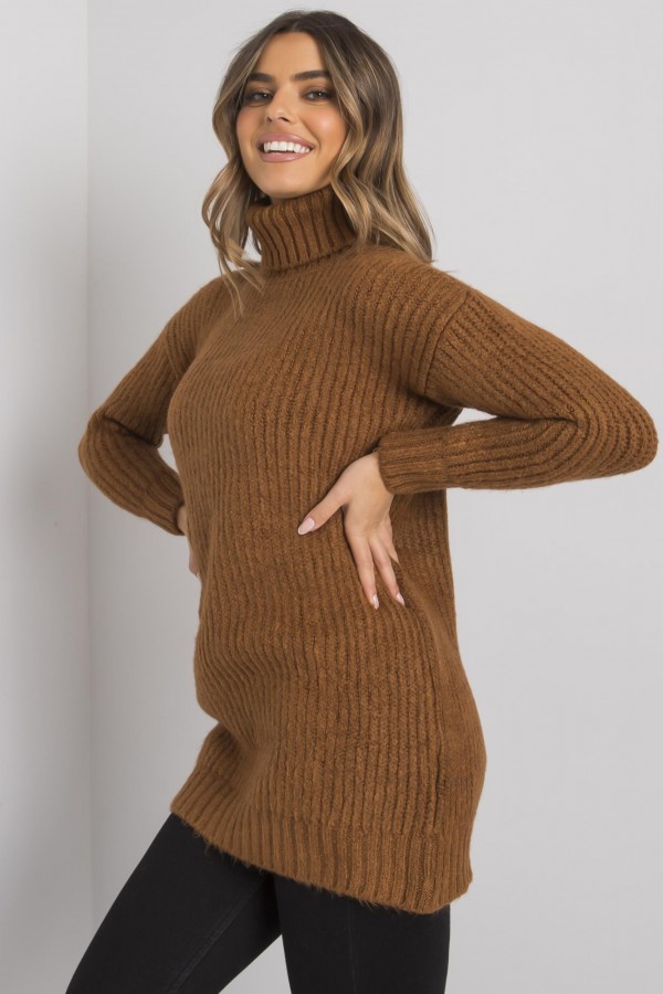Długi sweter damski tunika w kolorze brązowym cieplutki duży golf Lavana 4