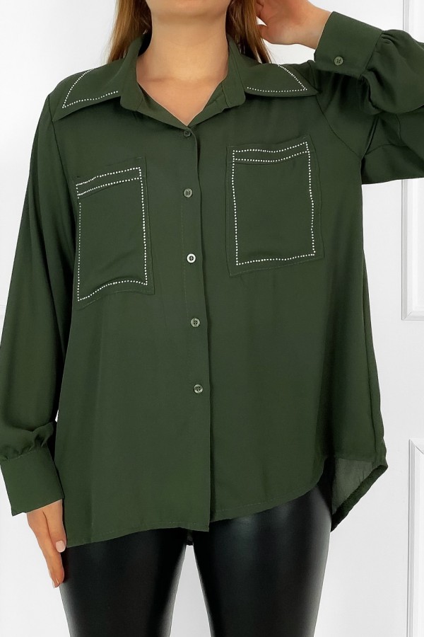 Koszula damska elegancka bluzka w kolorze oliwkowym kołnierzyk dżety